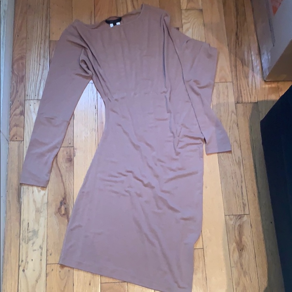 BCBG MAXAZRIA off the shoulder nude dress